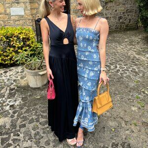 V. Chapman Geranium Ruched & Ruffled Flounce-Hem Stretch Midi Dress